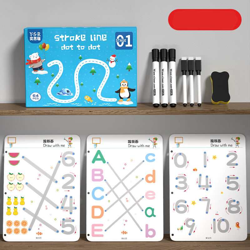 Reusable Erasable Drawing & Dot-to-Dot Practice Book Set – Multi‑Stage Stroke & Point Books with Pens and Eraser